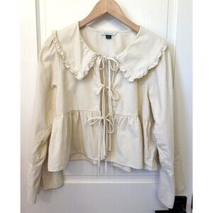 AE Twee Oversized Flirty Tie Front XS Corduroy Cream Top Romantic Peter Pan
